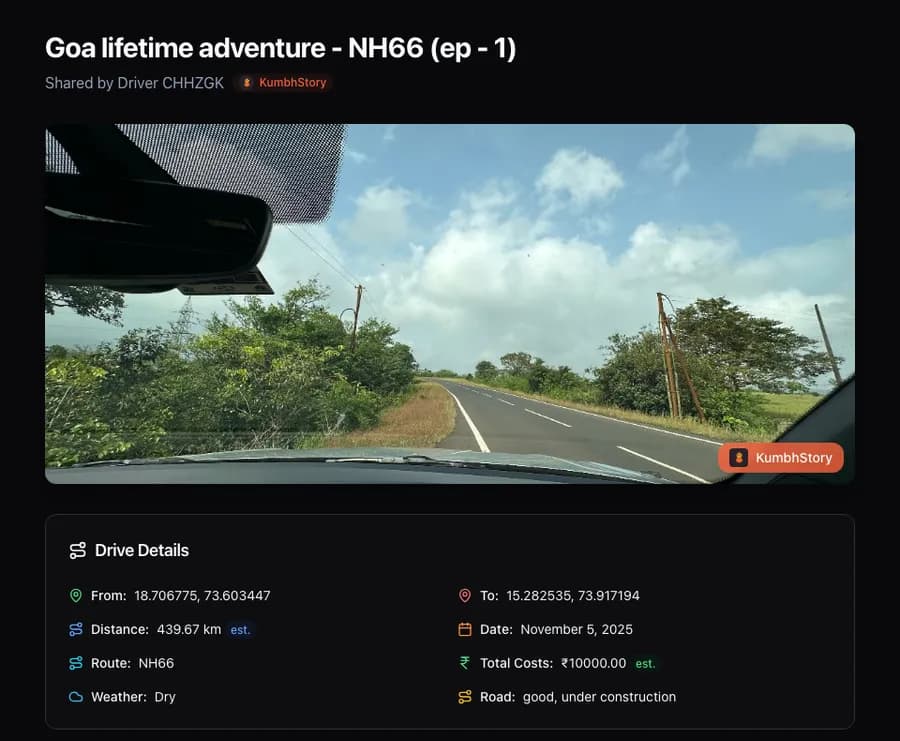 A public trip log in TorqueTrail: Goa lifetime adventure on NH66, with a road photo and drive details